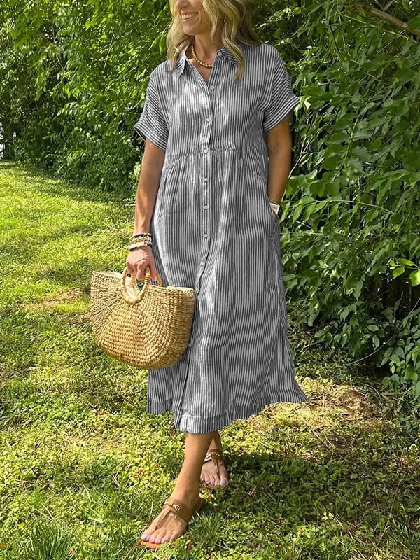 Clarice™ | Stripete skjortekjole med lommer